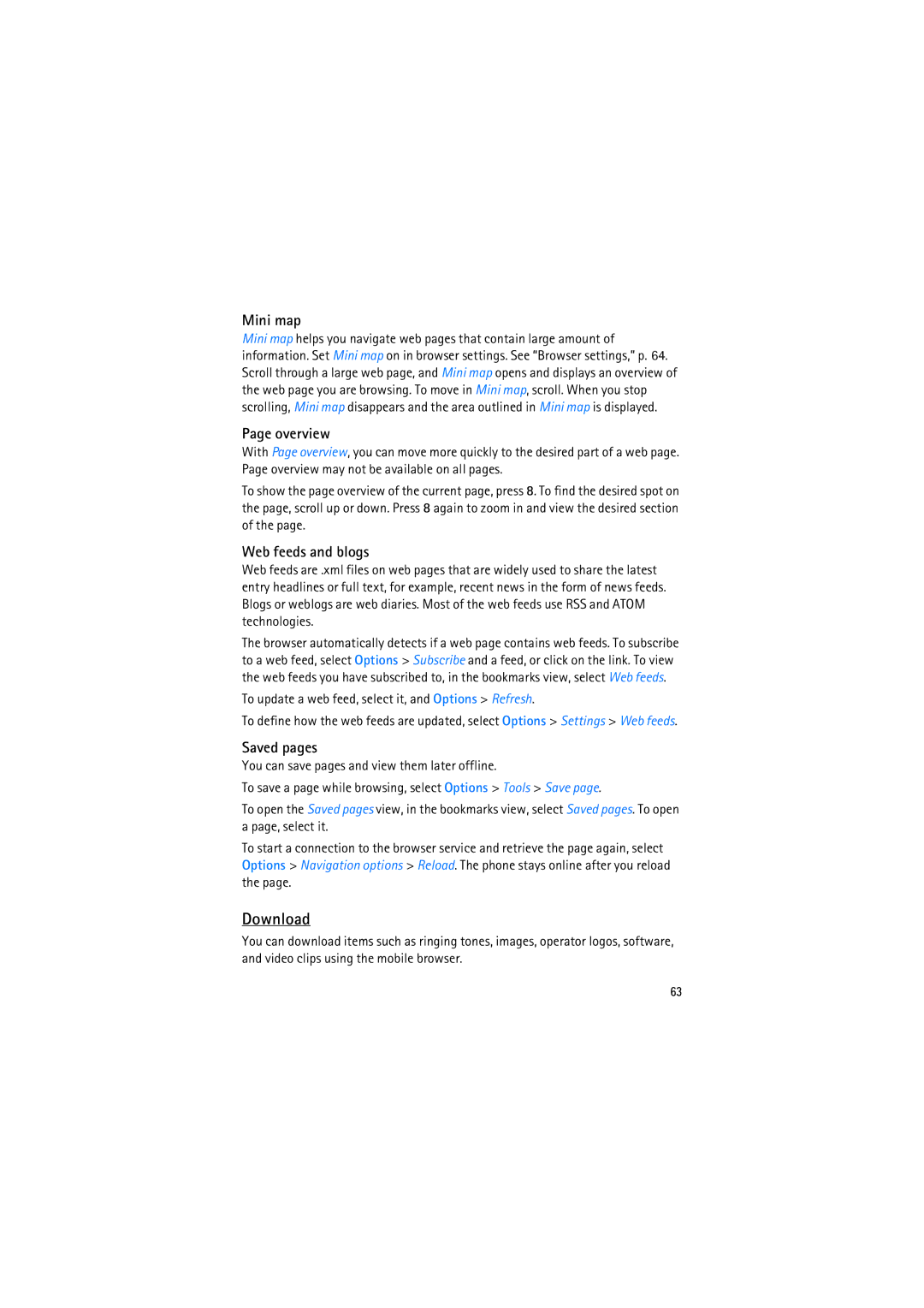 Nokia RM-230 manual Download, Mini map, Overview, Web feeds and blogs, Saved pages 