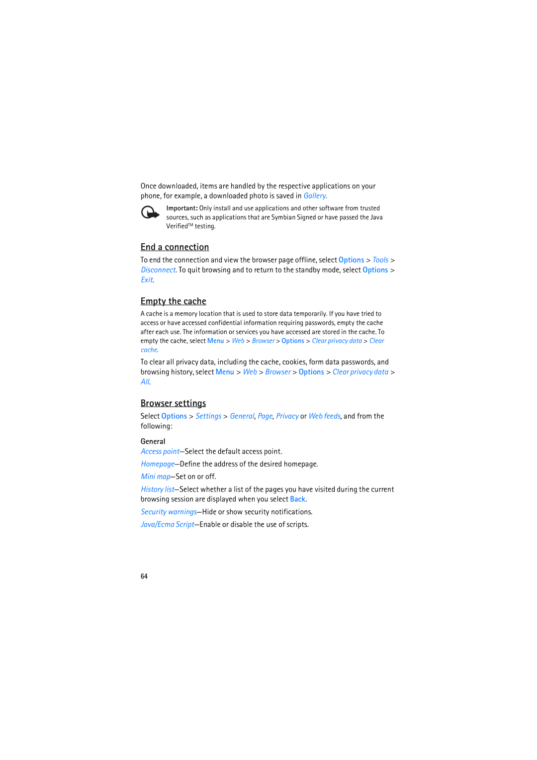 Nokia RM-230 manual End a connection, Empty the cache, Browser settings, Exit, General 