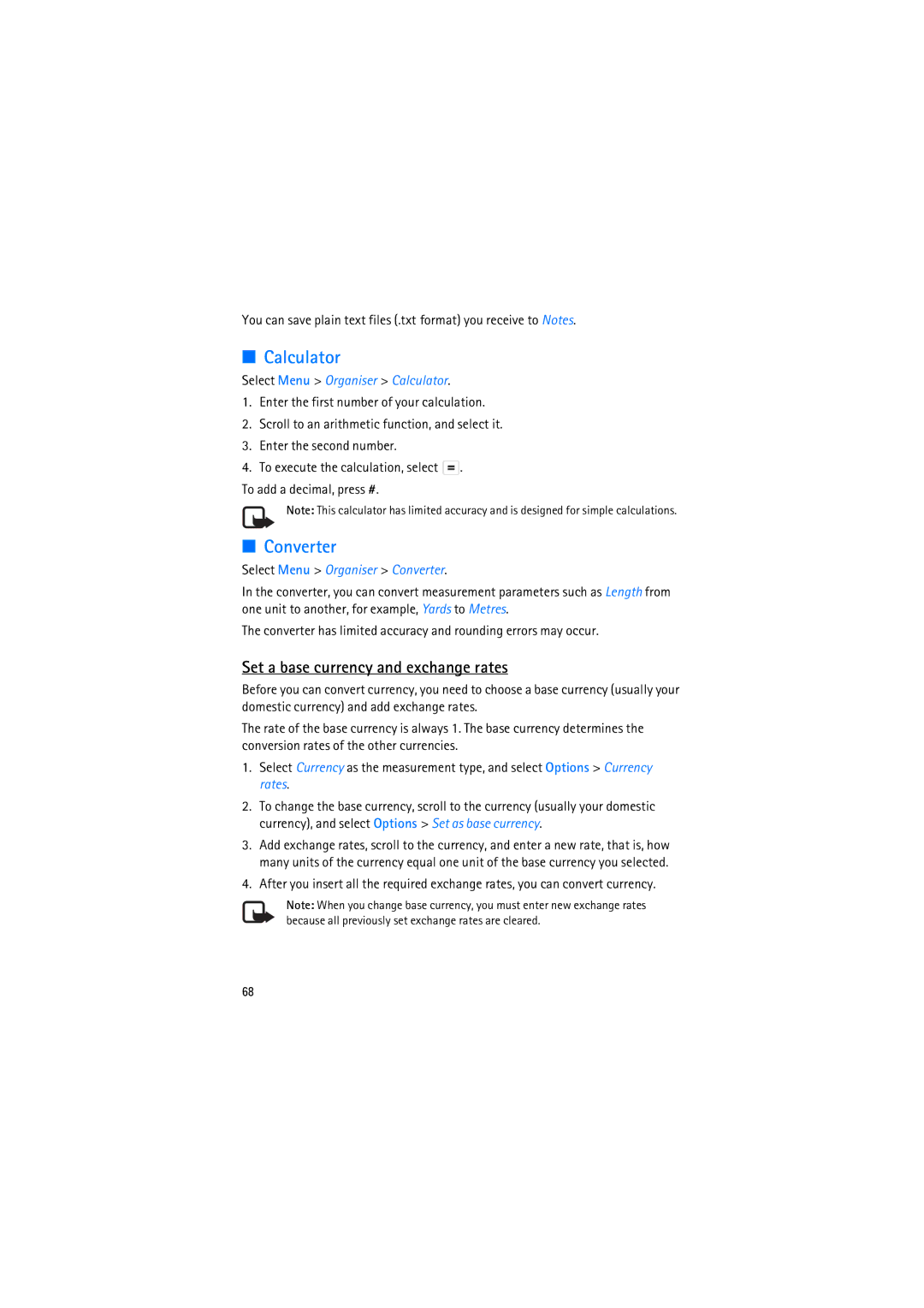 Nokia RM-230 manual Converter, Set a base currency and exchange rates, Select Menu Organiser Calculator 