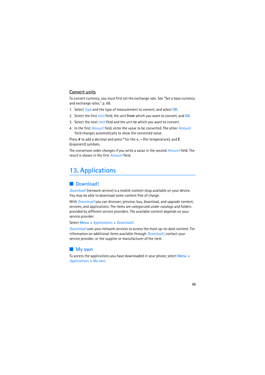 Nokia RM-230 manual My own, Convert units, Select Menu Applications Download 