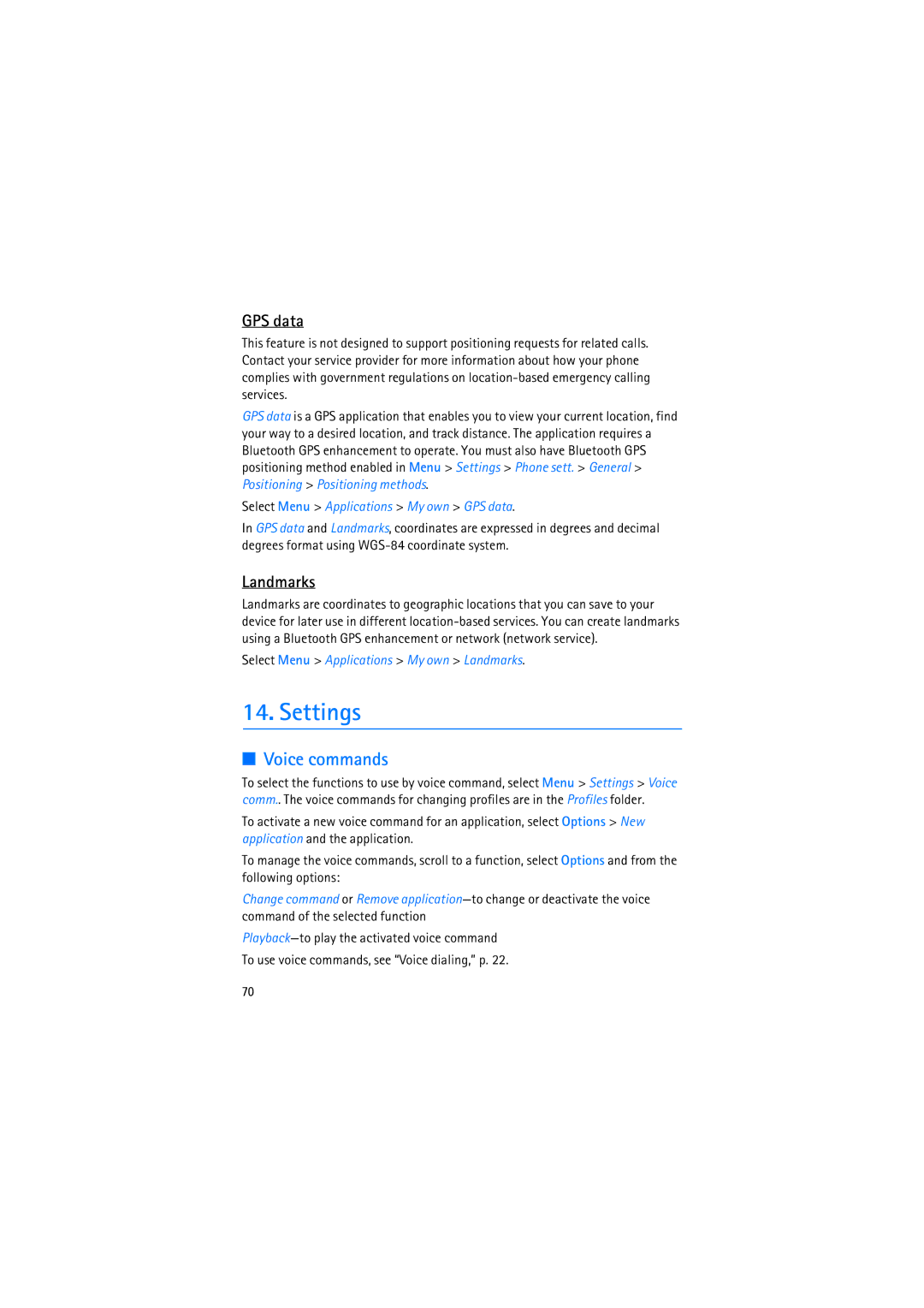 Nokia RM-230 manual Settings, Voice commands, GPS data, Landmarks 