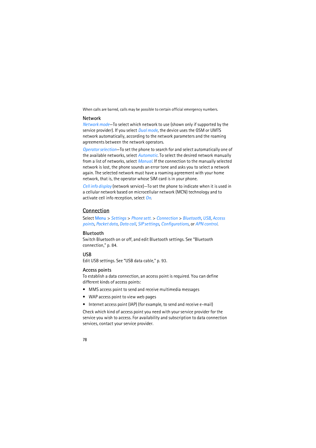 Nokia RM-230 manual Connection, Network, Bluetooth, Access points, Edit USB settings. See USB data cable, p 