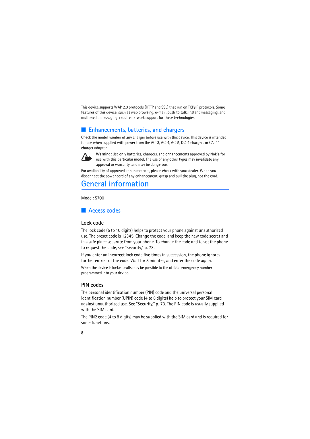 Nokia RM-230 manual General information, Enhancements, batteries, and chargers, Access codes, Lock code, PIN codes 