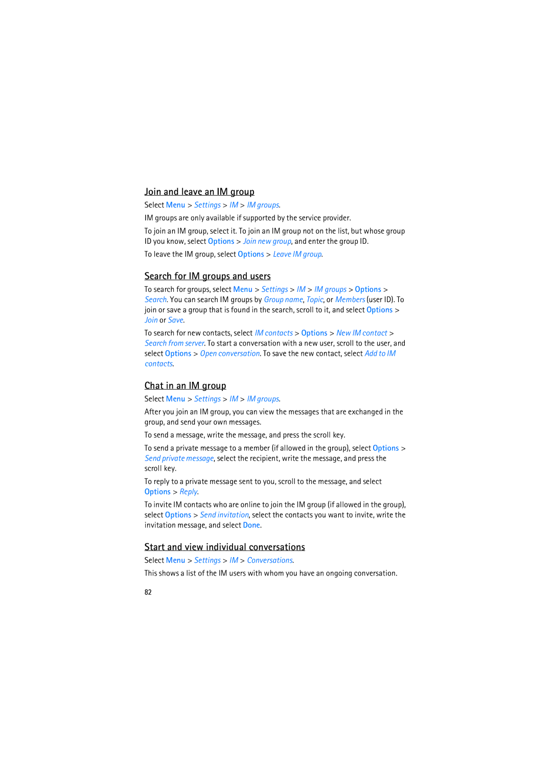 Nokia RM-230 manual Join and leave an IM group, Search for IM groups and users, Chat in an IM group 