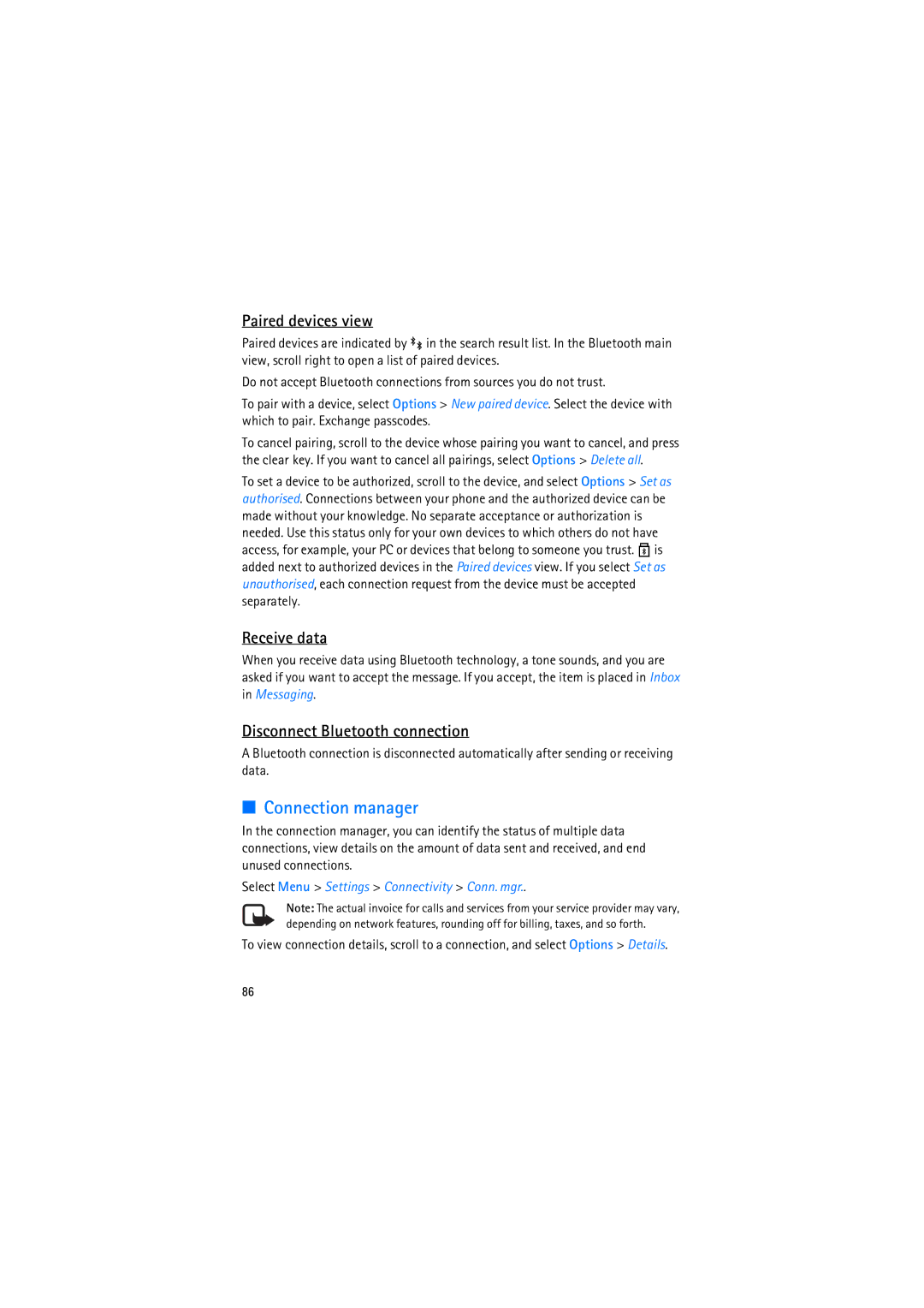 Nokia RM-230 manual Connection manager, Paired devices view, Receive data, Disconnect Bluetooth connection 