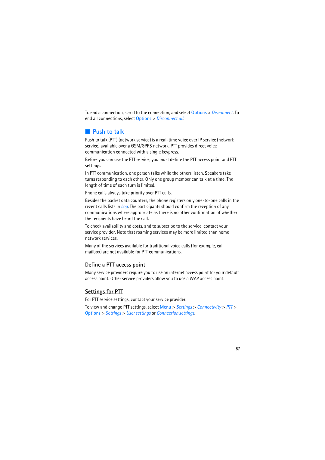 Nokia RM-230 Push to talk, Define a PTT access point, Settings for PTT, Phone calls always take priority over PTT calls 