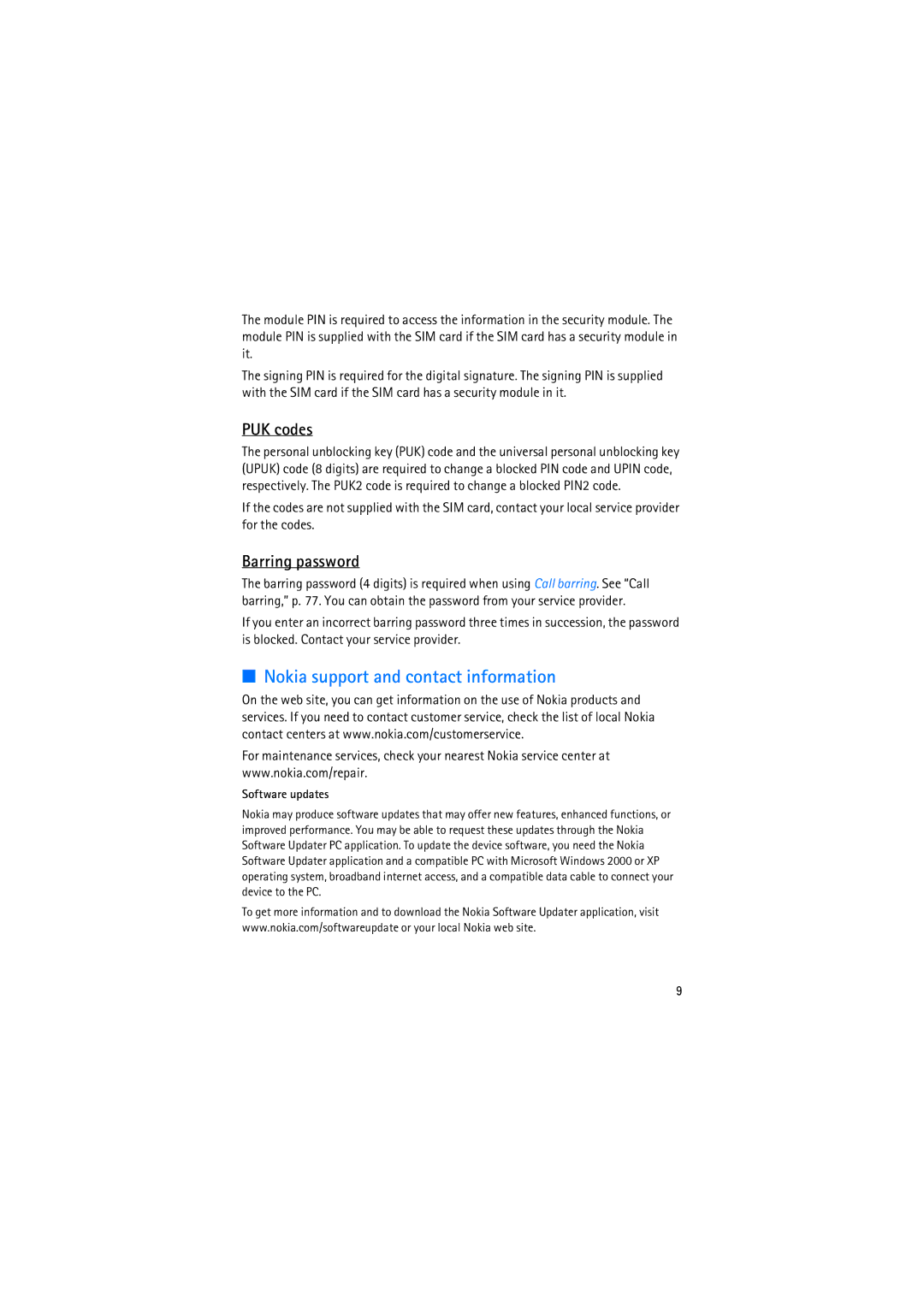 Nokia RM-230 manual Nokia support and contact information, PUK codes, Barring password 