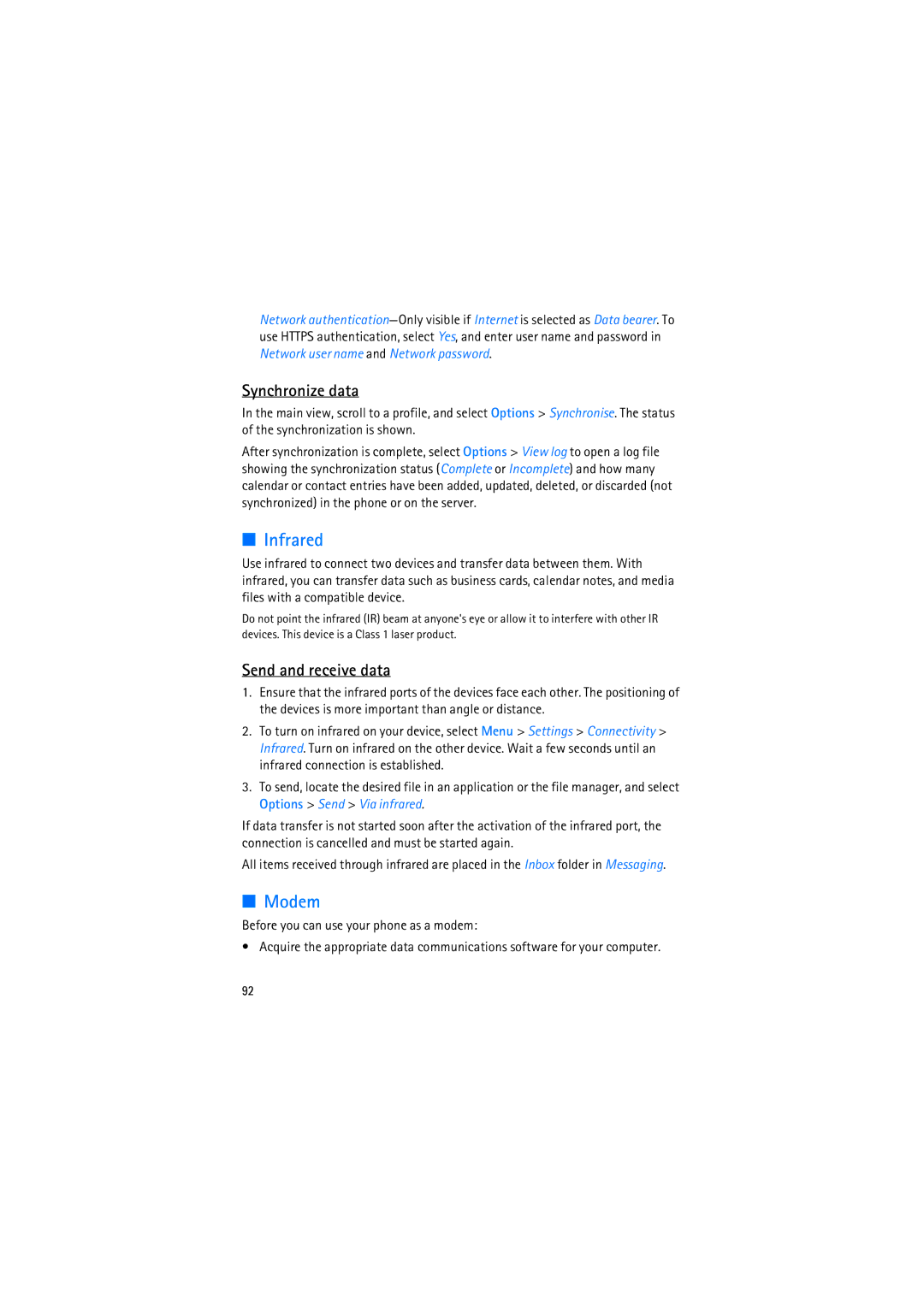 Nokia RM-230 manual Infrared, Modem, Synchronize data, Send and receive data 