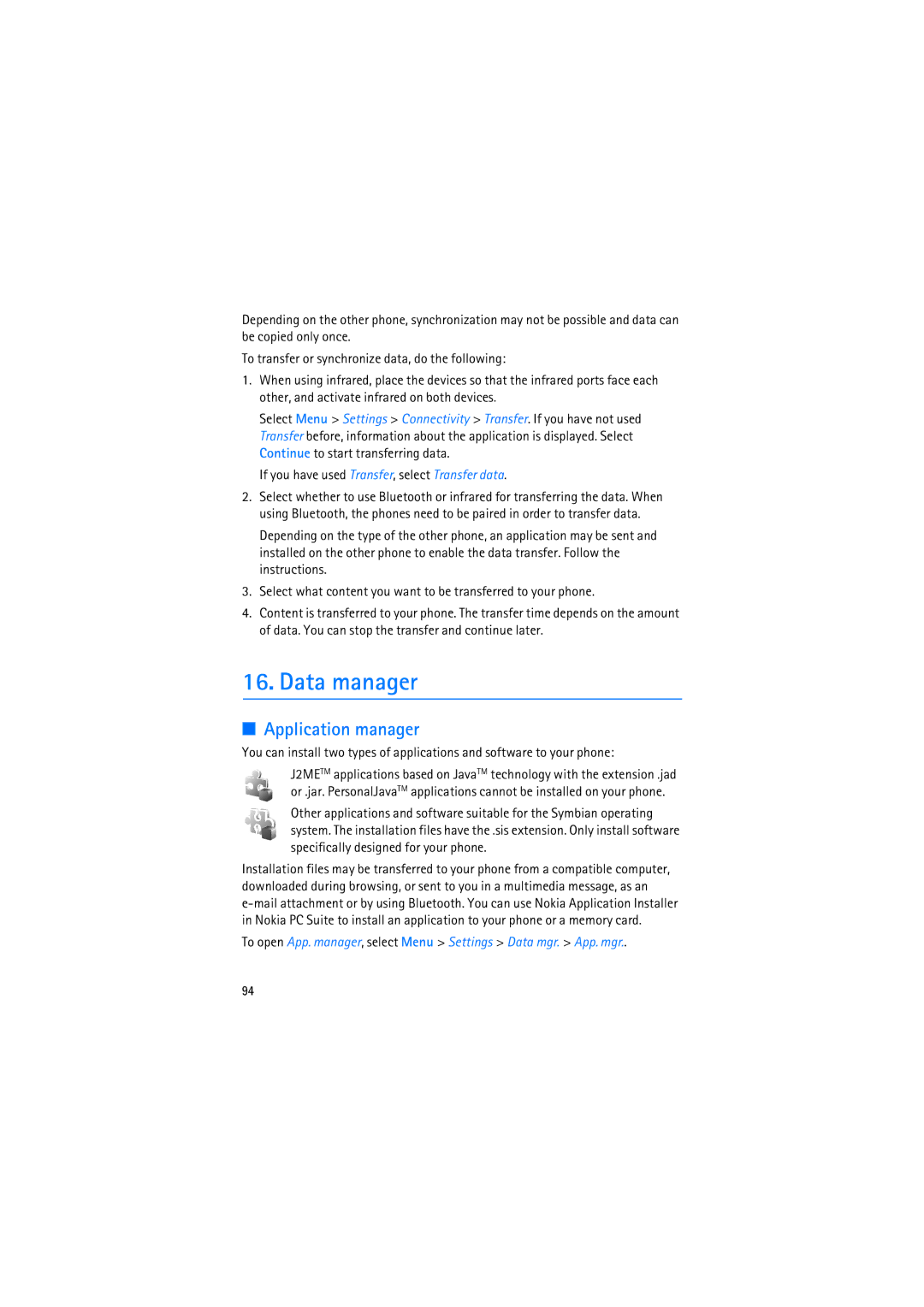 Nokia RM-230 manual Data manager, Application manager, If you have used Transfer, select Transfer data 