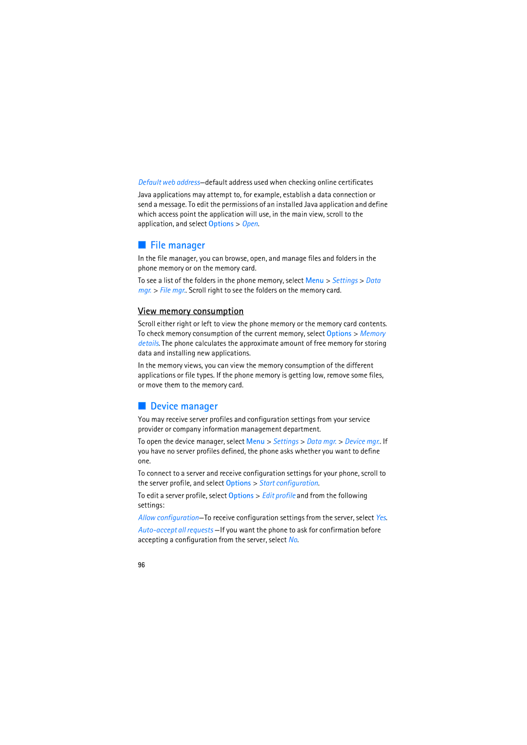 Nokia RM-230 manual File manager, Device manager, View memory consumption 