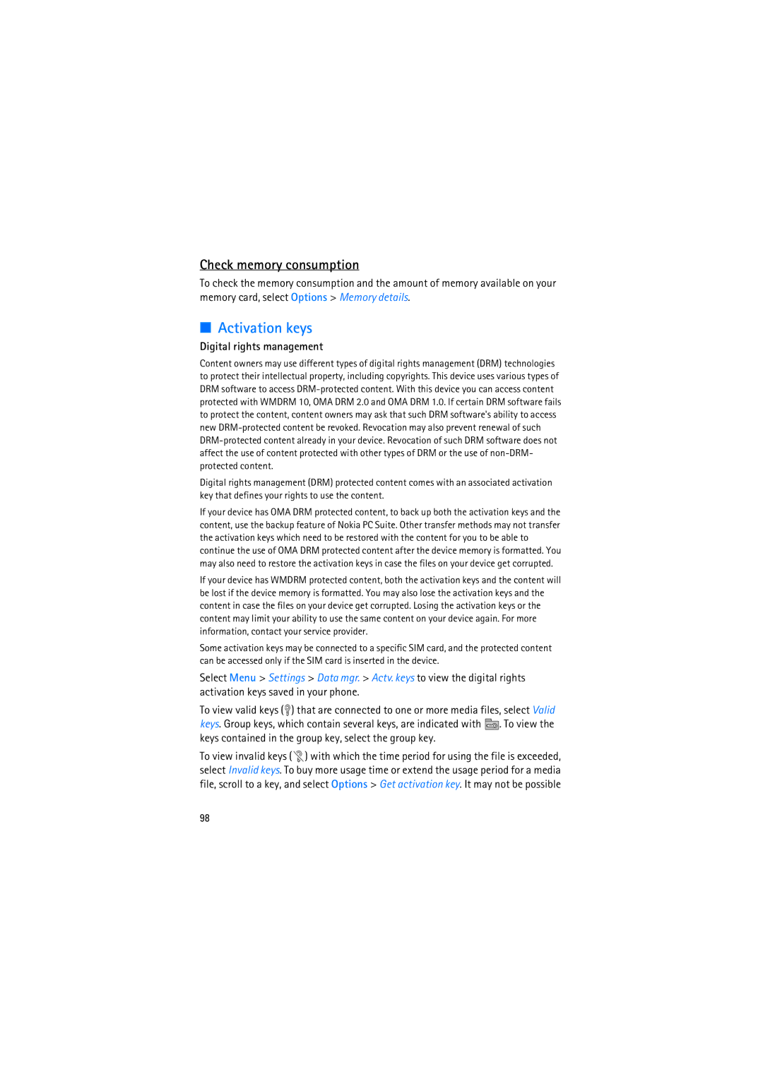 Nokia RM-230 manual Activation keys, Check memory consumption, Digital rights management 