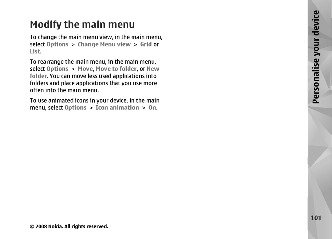 Nokia RM-320 manual Modify the main menu, 101 