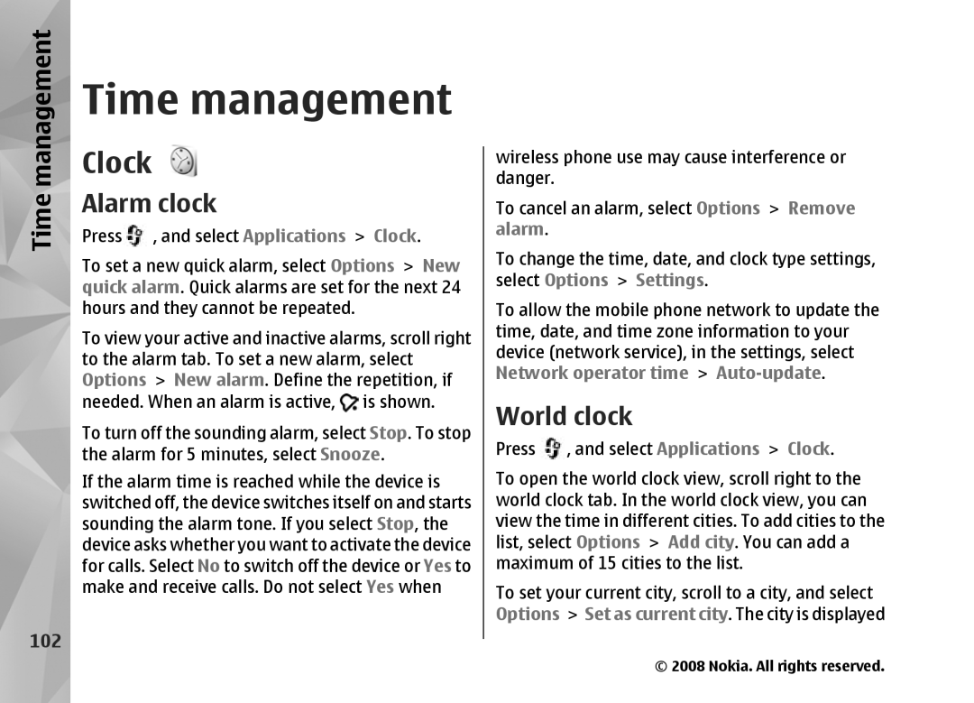 Nokia RM-320 manual Time management, Clock, Alarm clock, World clock 