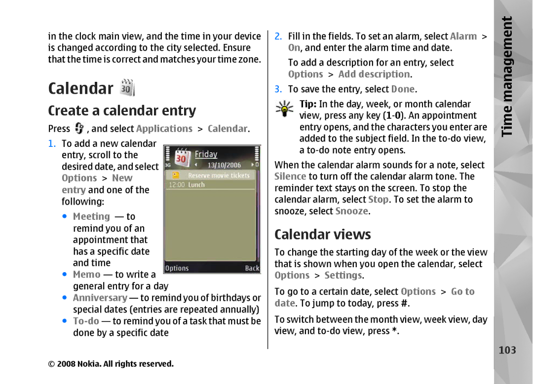 Nokia RM-320 manual Create a calendar entry, Calendar views, 103 