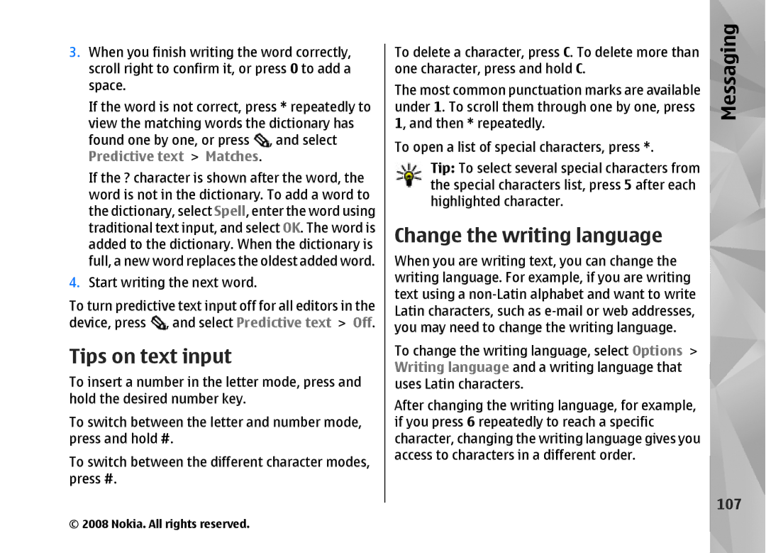 Nokia RM-320 manual Tips on text input, Change the writing language, 107 