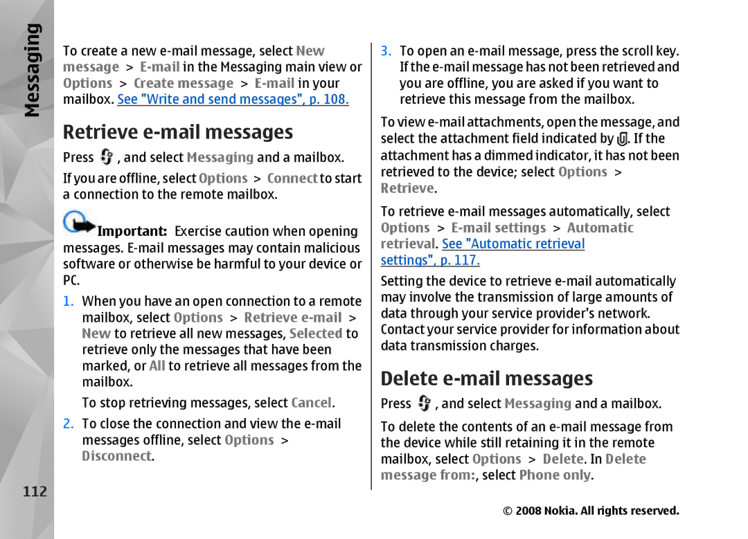 Nokia RM-320 manual Retrieve e-mail messages, Delete e-mail messages, 112, Disconnect 