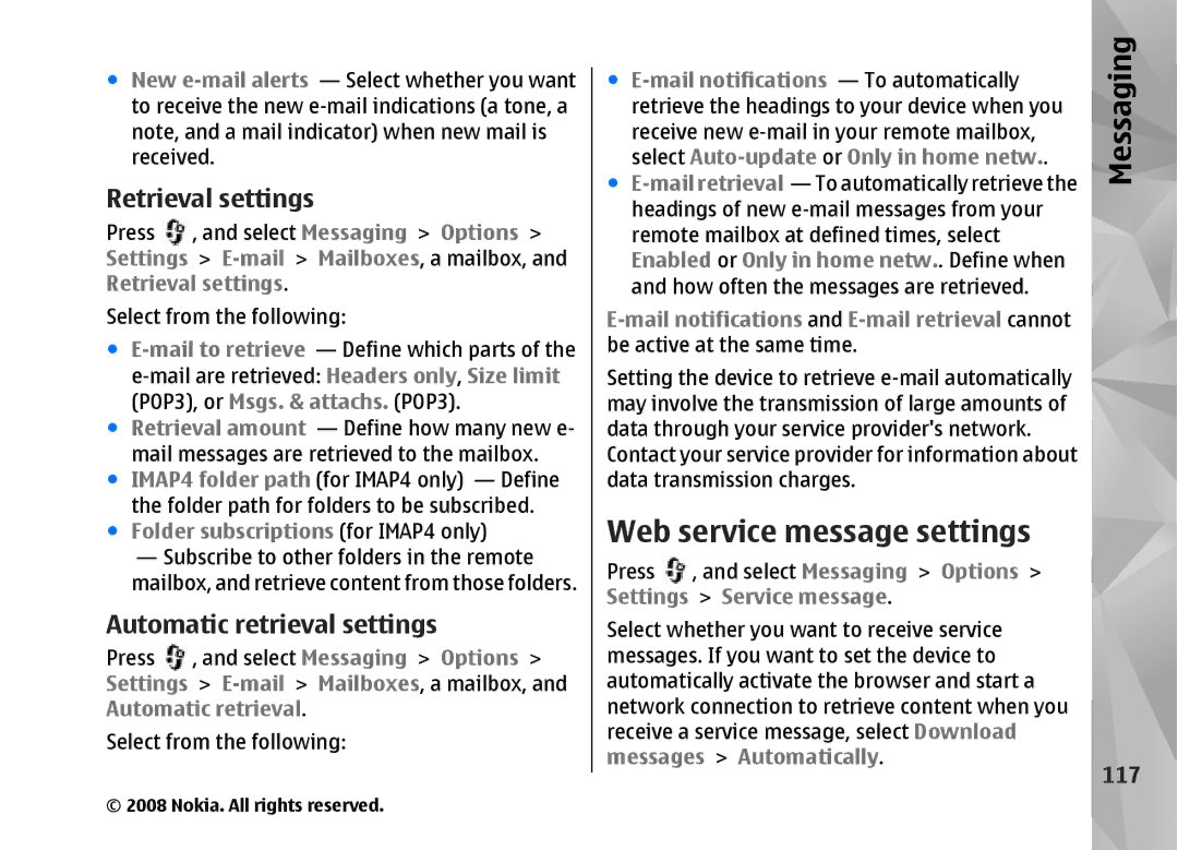 Nokia RM-320 manual Web service message settings, 117 