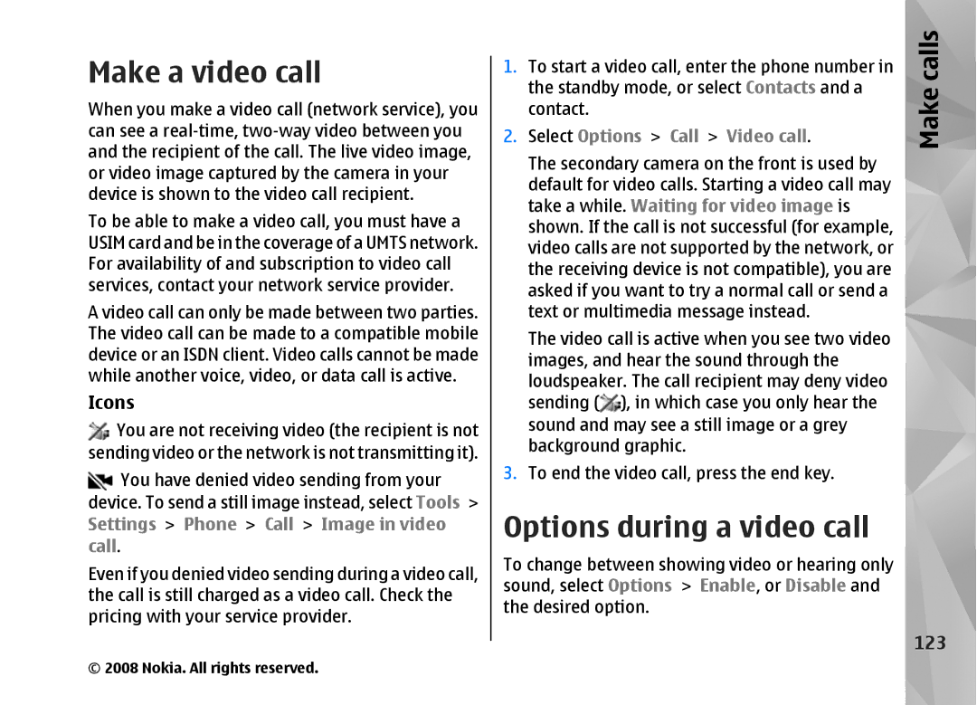 Nokia RM-320 manual Make a video call, Options during a video call, Icons, 123 