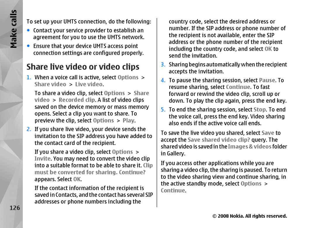 Nokia RM-320 manual Share live video or video clips, 126, Share video Live video 