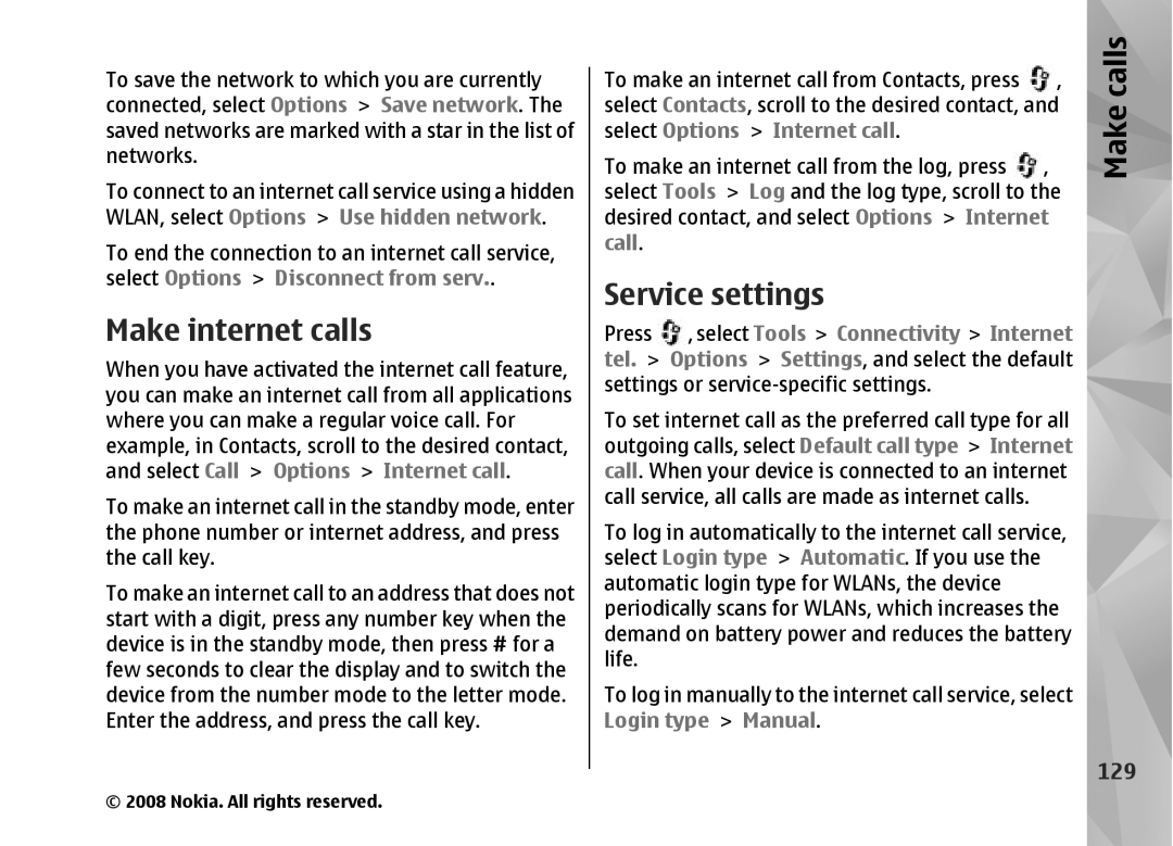 Nokia RM-320 manual Make internet calls, Service settings, 129 