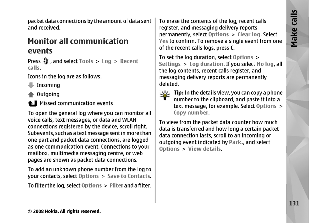 Nokia RM-320 manual Monitor all communication events, 131, Calls 