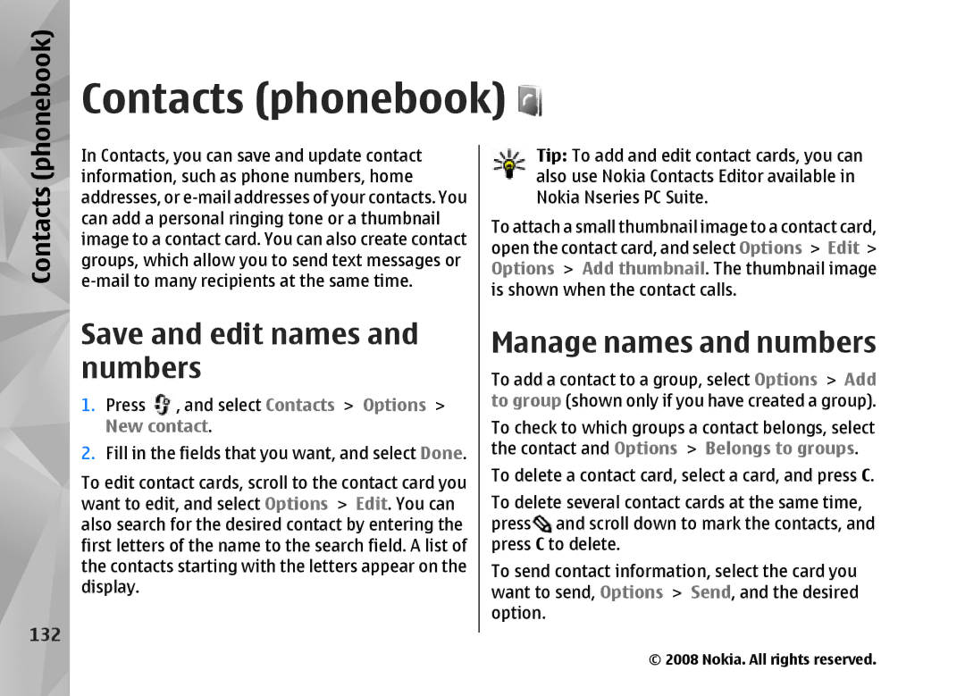 Nokia RM-320 manual Contacts phonebook, Save and edit names and numbers, Manage names and numbers, 132 