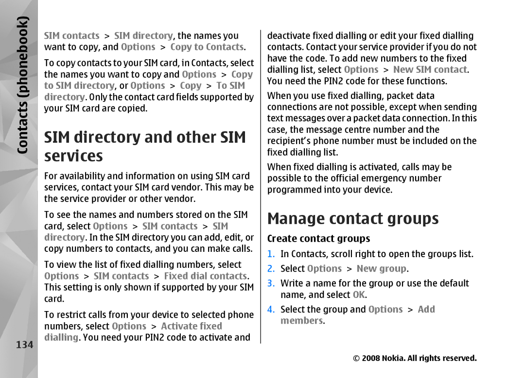 Nokia RM-320 SIM directory and other SIM services, Manage contact groups, Contacts phonebook, 134, Create contact groups 