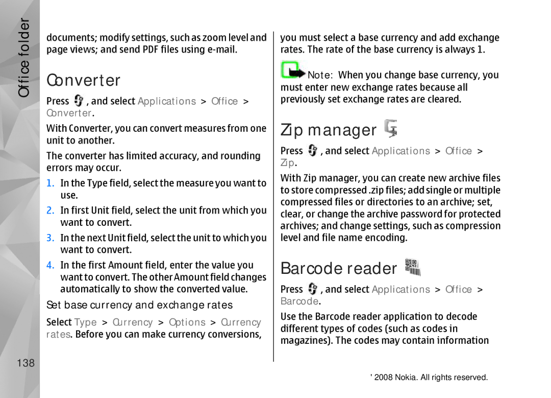 Nokia RM-320 manual Converter, Zip manager, Barcode reader, 138, Set base currency and exchange rates 