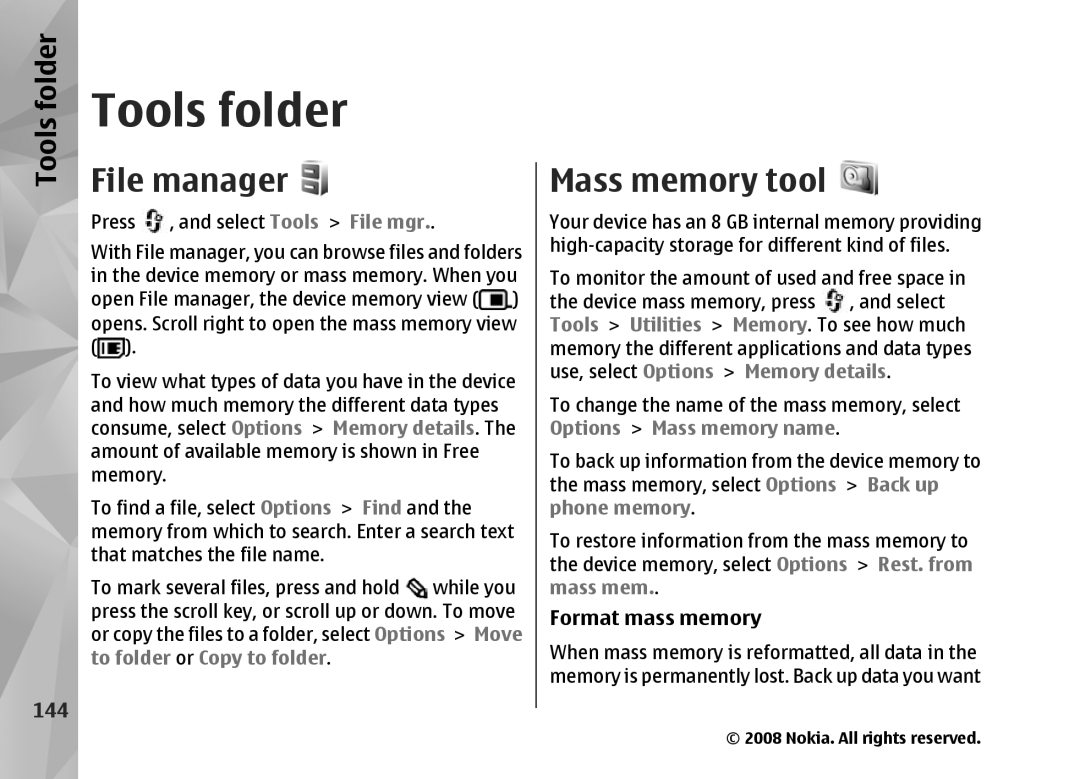 Nokia RM-320 manual Tools folder, File manager, Mass memory tool, 144 