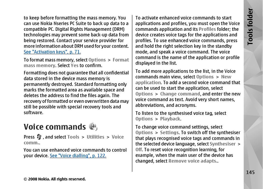 Nokia RM-320 manual Voice commands, 145 