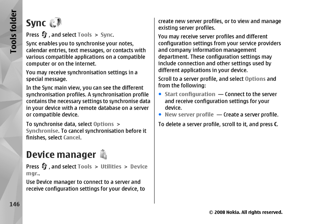 Nokia RM-320 manual Sync, Device manager, 146 