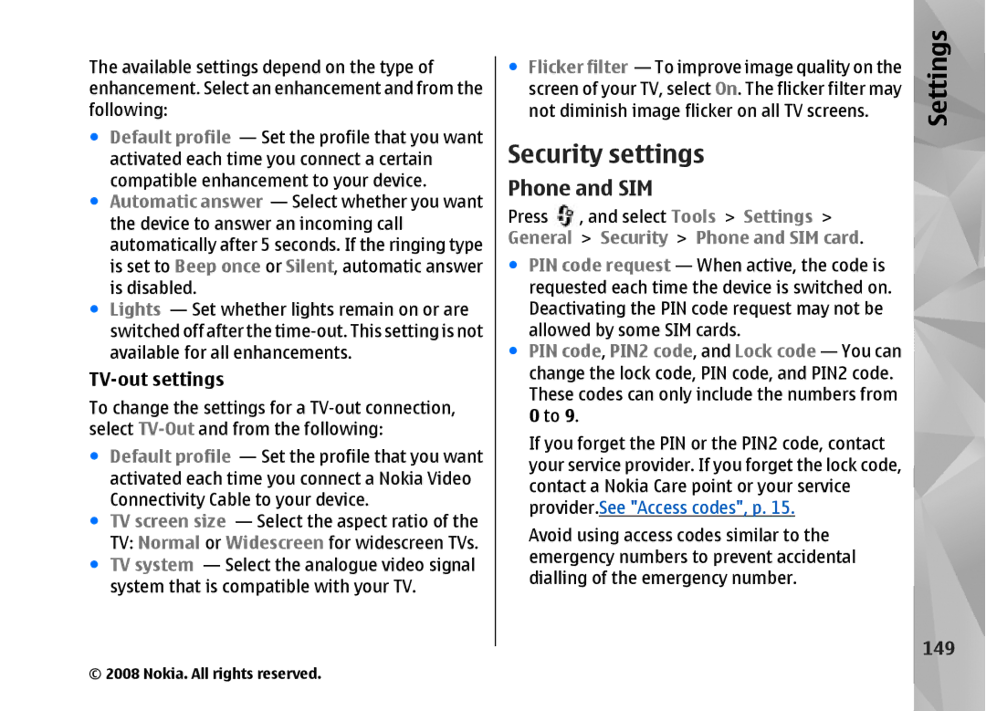 Nokia RM-320 manual Security settings, TV-out settings, 149 