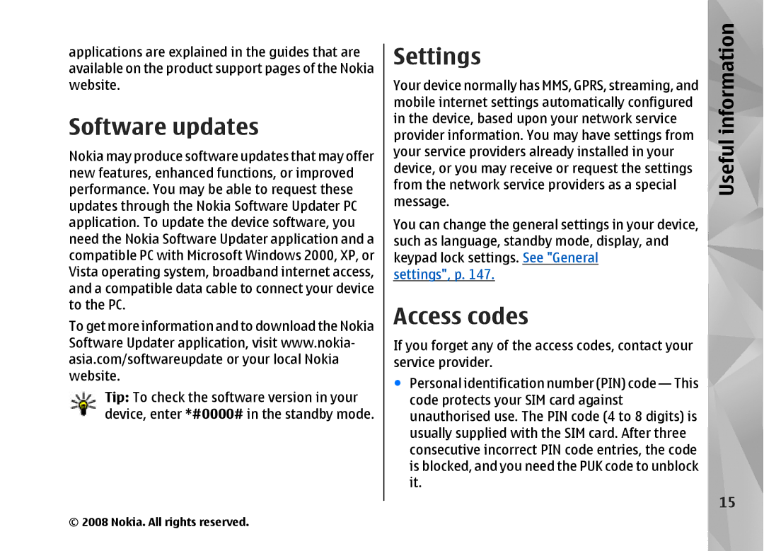 Nokia RM-320 manual Software updates, Settings, Access codes, Useful 