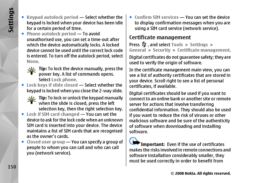 Nokia RM-320 manual Certificate management, 150 