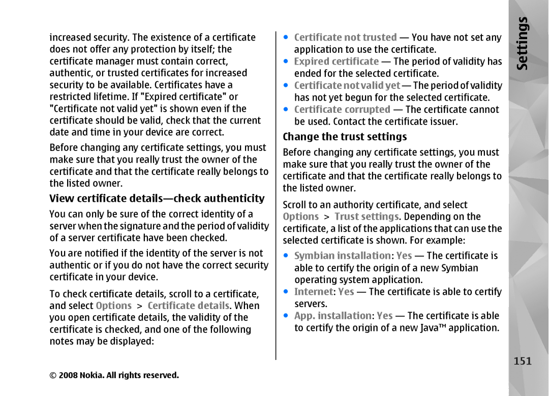 Nokia RM-320 manual View certificate details-check authenticity, Change the trust settings, 151 