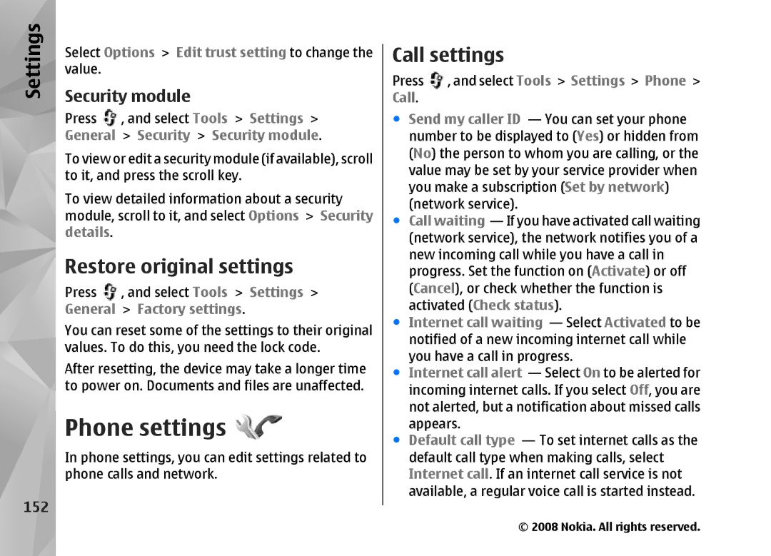 Nokia RM-320 manual Phone settings, Restore original settings, Call settings, 152 