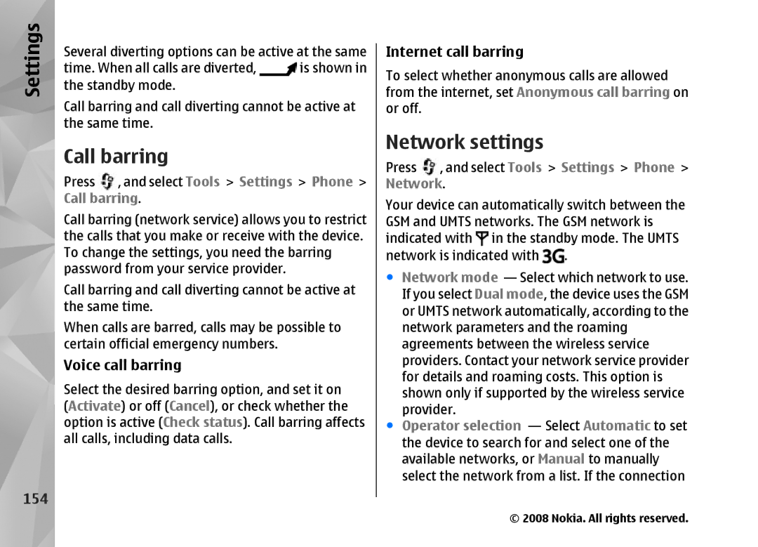 Nokia RM-320 manual Call barring, Network settings, 154, Voice call barring, Internet call barring 