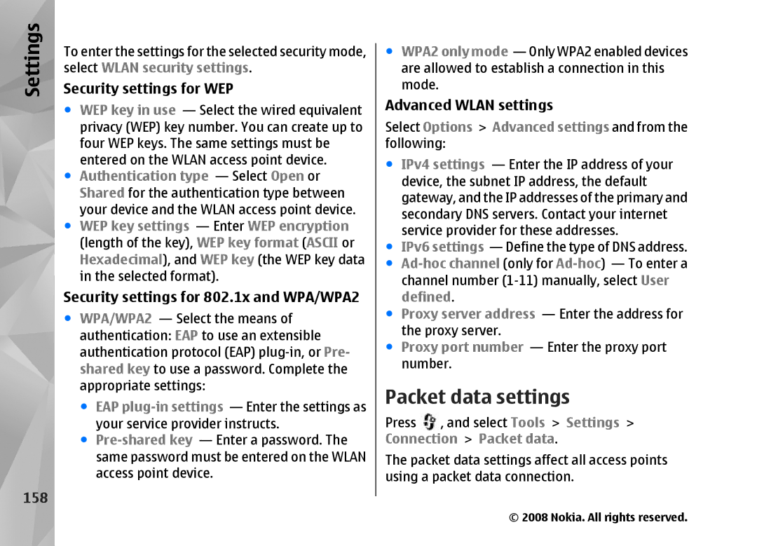 Nokia RM-320 manual Packet data settings, 158, Security settings for WEP, Security settings for 802.1x and WPA/WPA2 