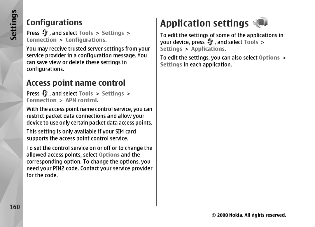 Nokia RM-320 manual Application settings, Configurations, Access point name control, 160 