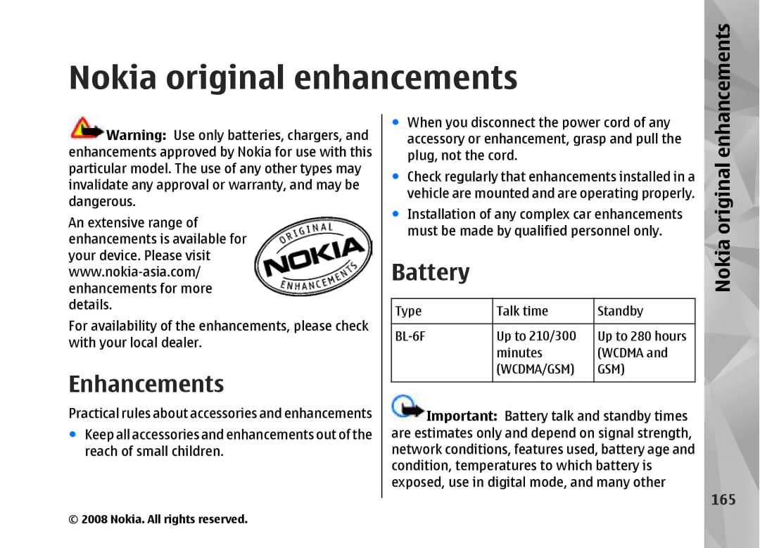 Nokia RM-320 manual Nokia original enhancements, Battery, Enhancements, 165 