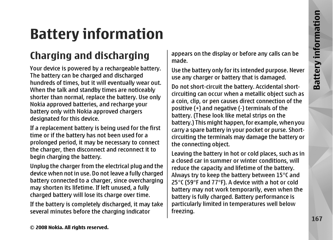 Nokia RM-320 manual Battery information, Charging and discharging, 167 