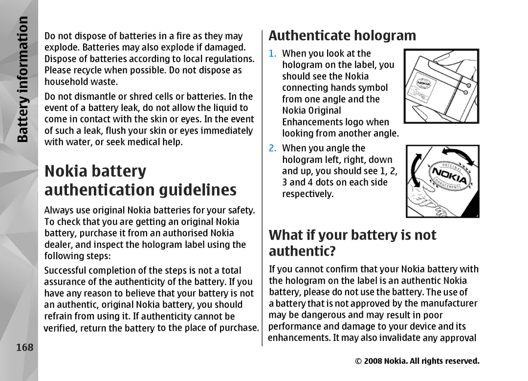 Nokia RM-320 manual Authenticate hologram, What if your battery is not authentic?, 168 