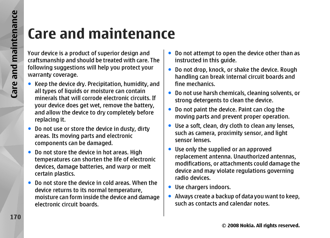 Nokia RM-320 manual Care and maintenance, 170 