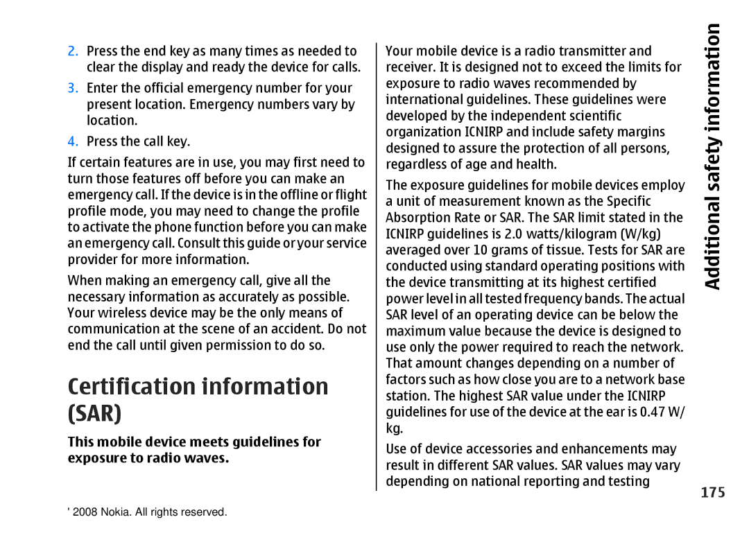 Nokia RM-320 manual Certification information SAR, 175 