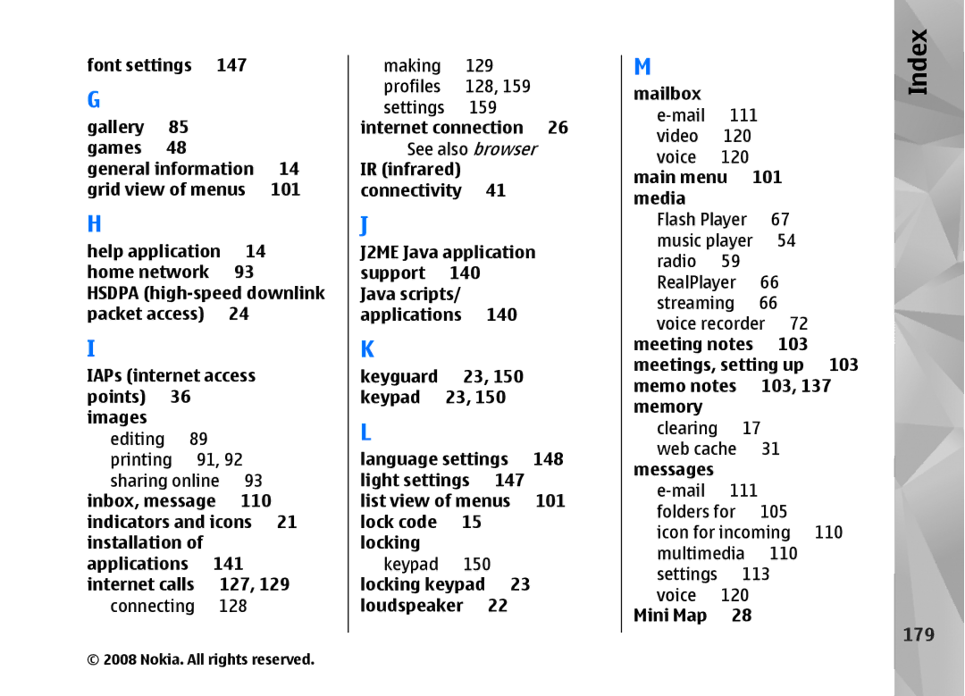 Nokia RM-320 manual 179, Meeting notes 103 Meetings, setting up Memo notes Memory 