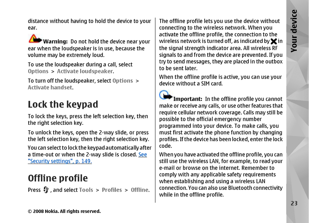 Nokia RM-320 manual Lock the keypad, Offline profile 