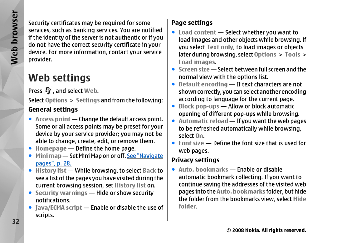 Nokia RM-320 manual Web settings, General settings, Settings, Privacy settings 