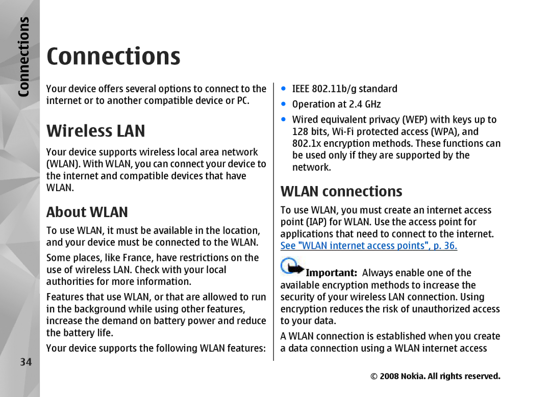 Nokia RM-320 manual Connections, Wireless LAN, About Wlan, Wlan connections 