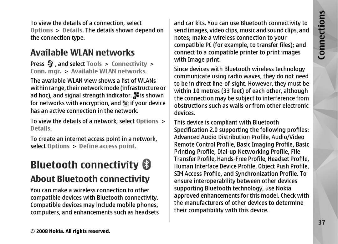 Nokia RM-320 manual Available Wlan networks, About Bluetooth connectivity 