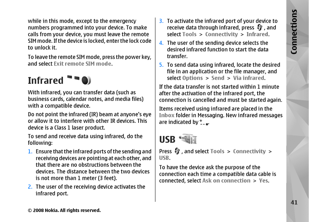 Nokia RM-320 manual Infrared, Usb 